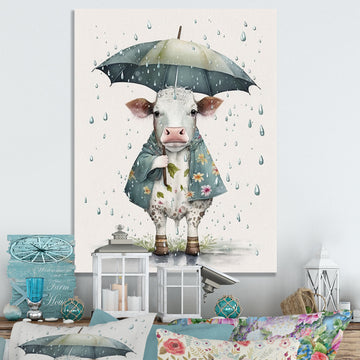 Cute Cow With Umbrella Rainy Day - Cow Wall Decor